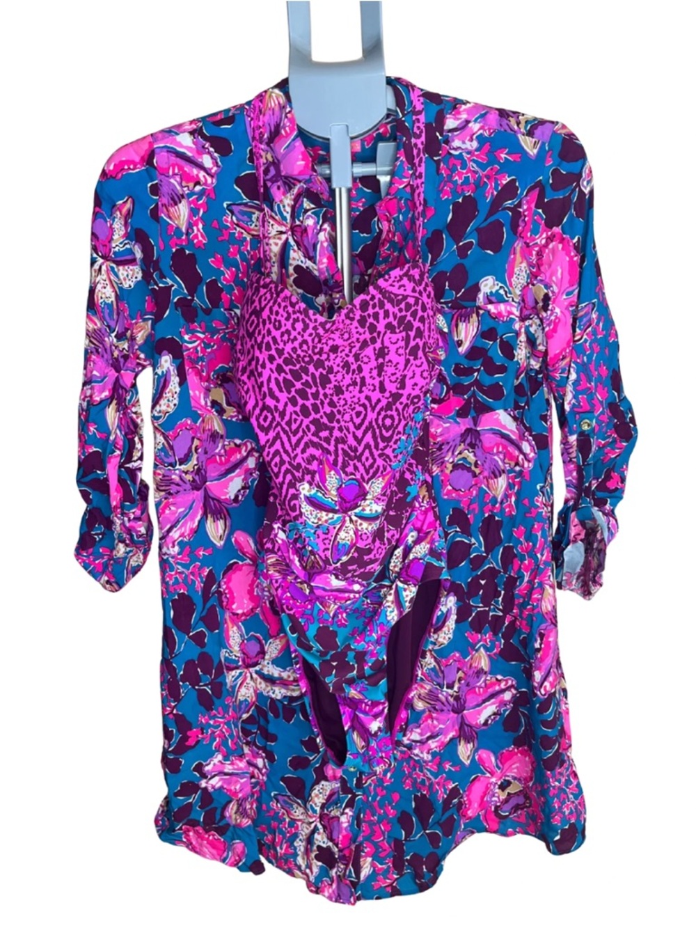 Lilly Pulitzer 2 Piece Swimsuit Cover Up Set XS Pink Blue Floral